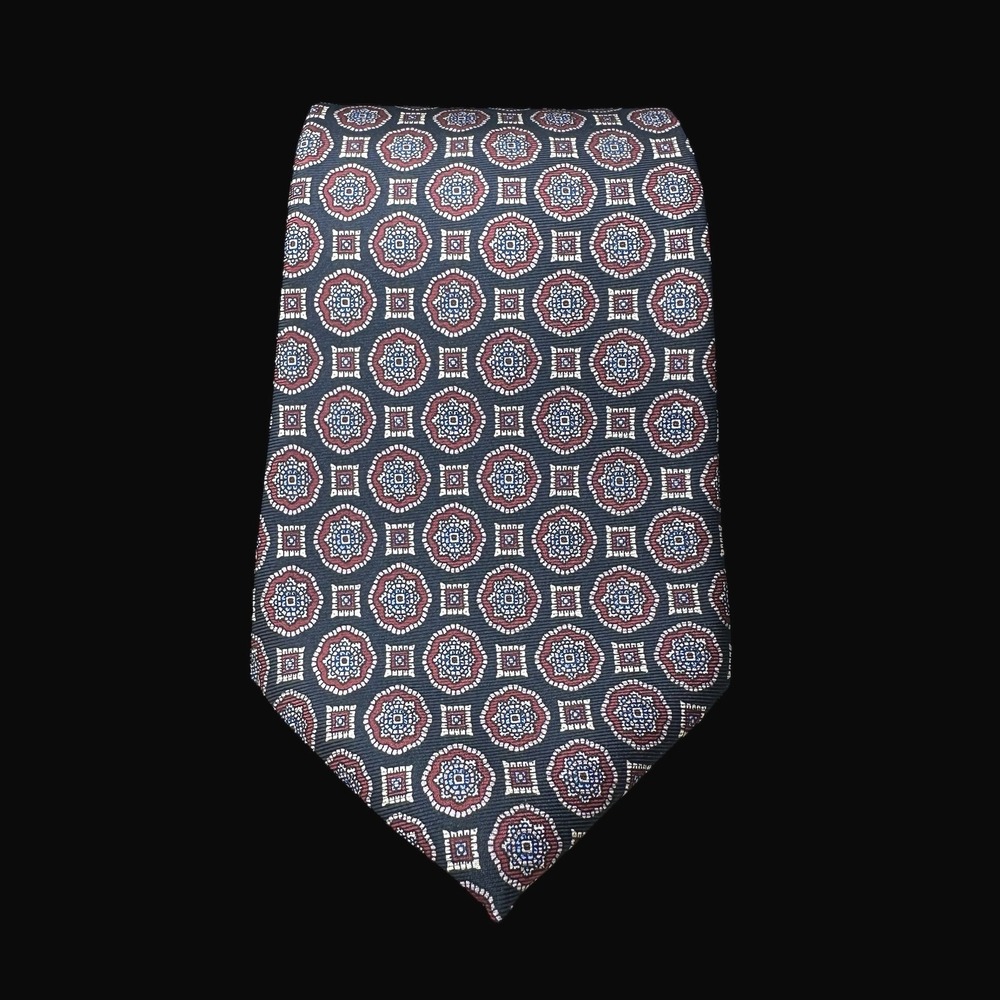 Guy Laroche Paris Mens Silk Tie Black Burgundy Red Geometric Medallion USA